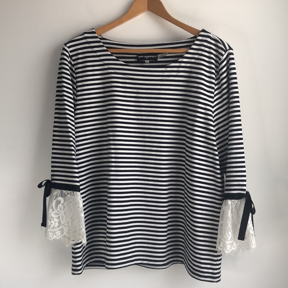 Karl Lagerfeld Lace Sleeves Striped Knit Top